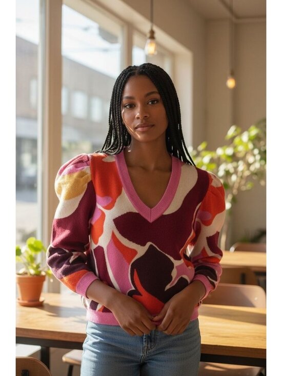 CROSBY by Mollie Burch Sweaters - Crosby By Mollie Burch L Abstract Floral Puff Sleeve V Neck Knit Sweater Preppy